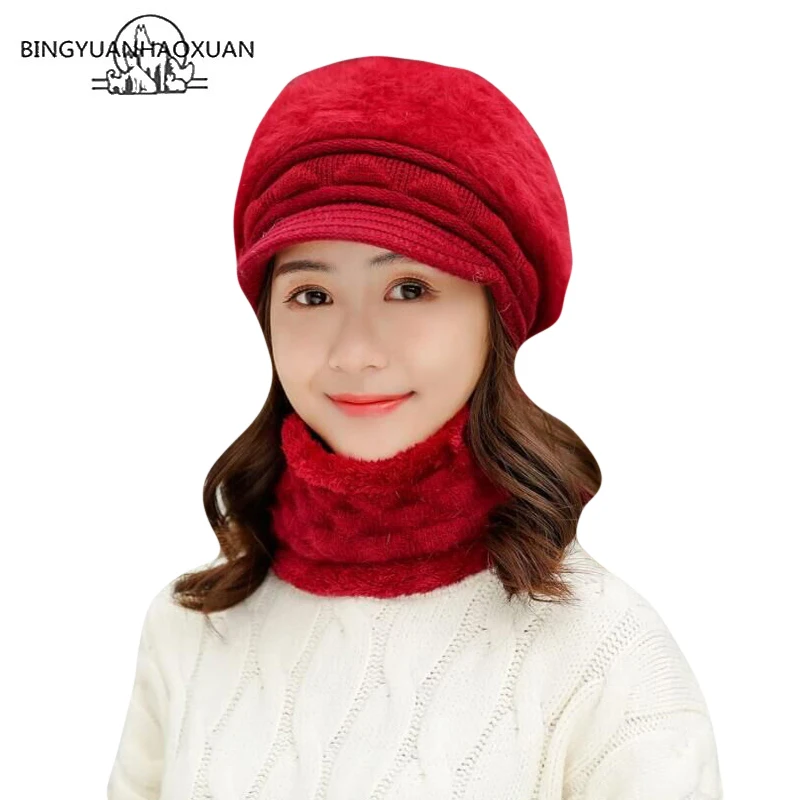 

2019 New Berets Women Fashion Knitted Hats Set Scarf Autumn Winter Rabbit Fur Hats for Women Ladies Beanie Warm Beret Hats