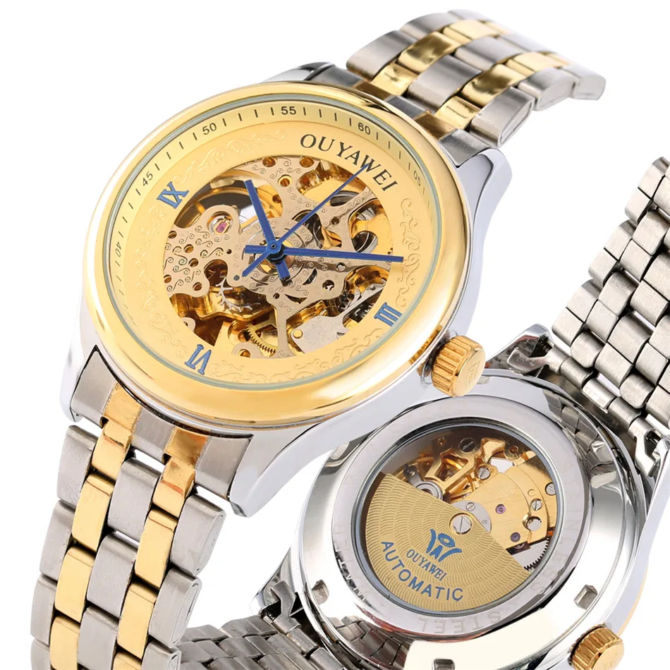 

OUYAWEI Stainless Steel Band Automatic Watch Men Golden Metal Skeleton Mechanical Self-Wind Mens Wrist Watches Folding Clasp