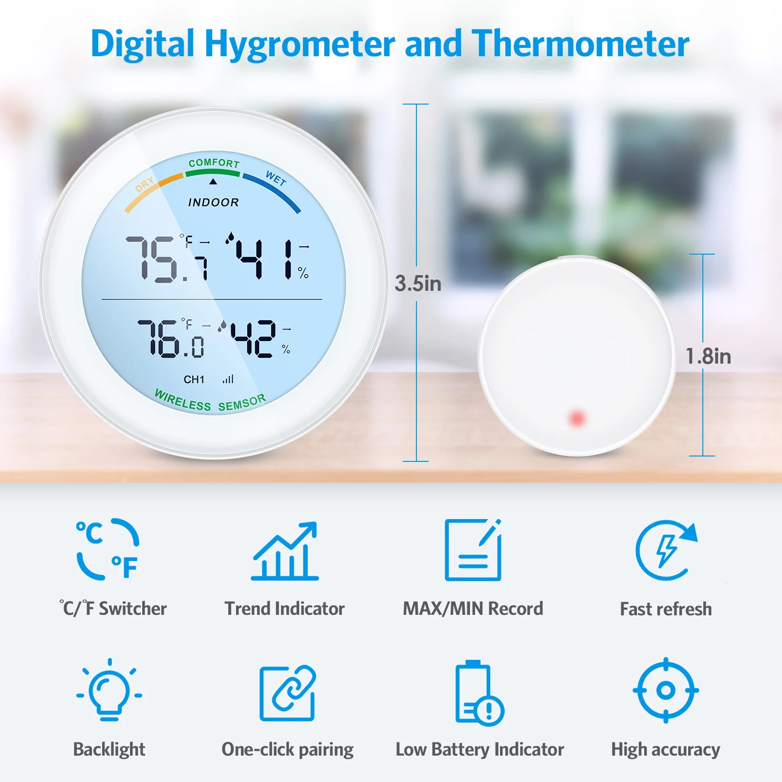 YUNAWU Table Wireless Thermometer LCD Display Indoor Outdoor Sensor Temperature Sensor 