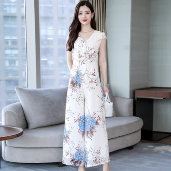 

Summer Jumpsuits Elegant Women's Jumpsuits V-neck Ruffles Printed Chiffon Overalls Wide Leg Romper Plus Size Ladies combinaison