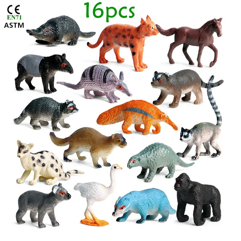 

16pcs Mini Simulation Wild Animals Model Kolabear Ostrich Gorilla Raccoon Pangolin Lemur Science Biology Class Learning Tool Toy