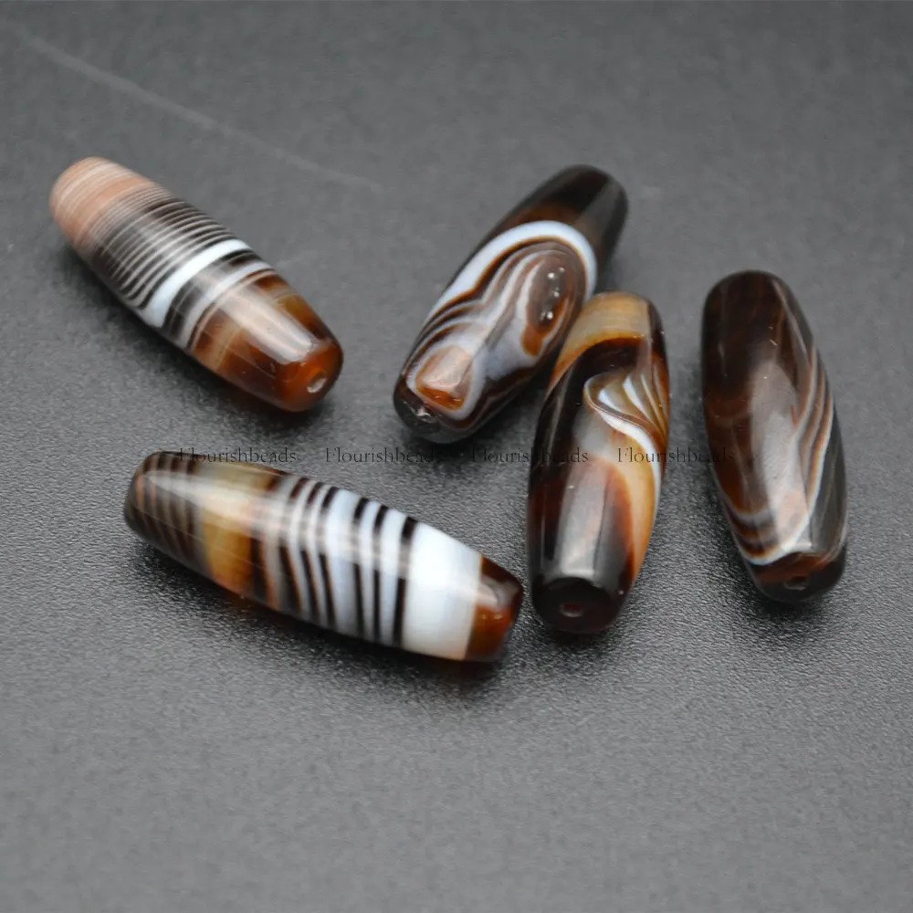 

10X30mm Natural Banded Coffee Agate Long Tube DZI Loose Beads