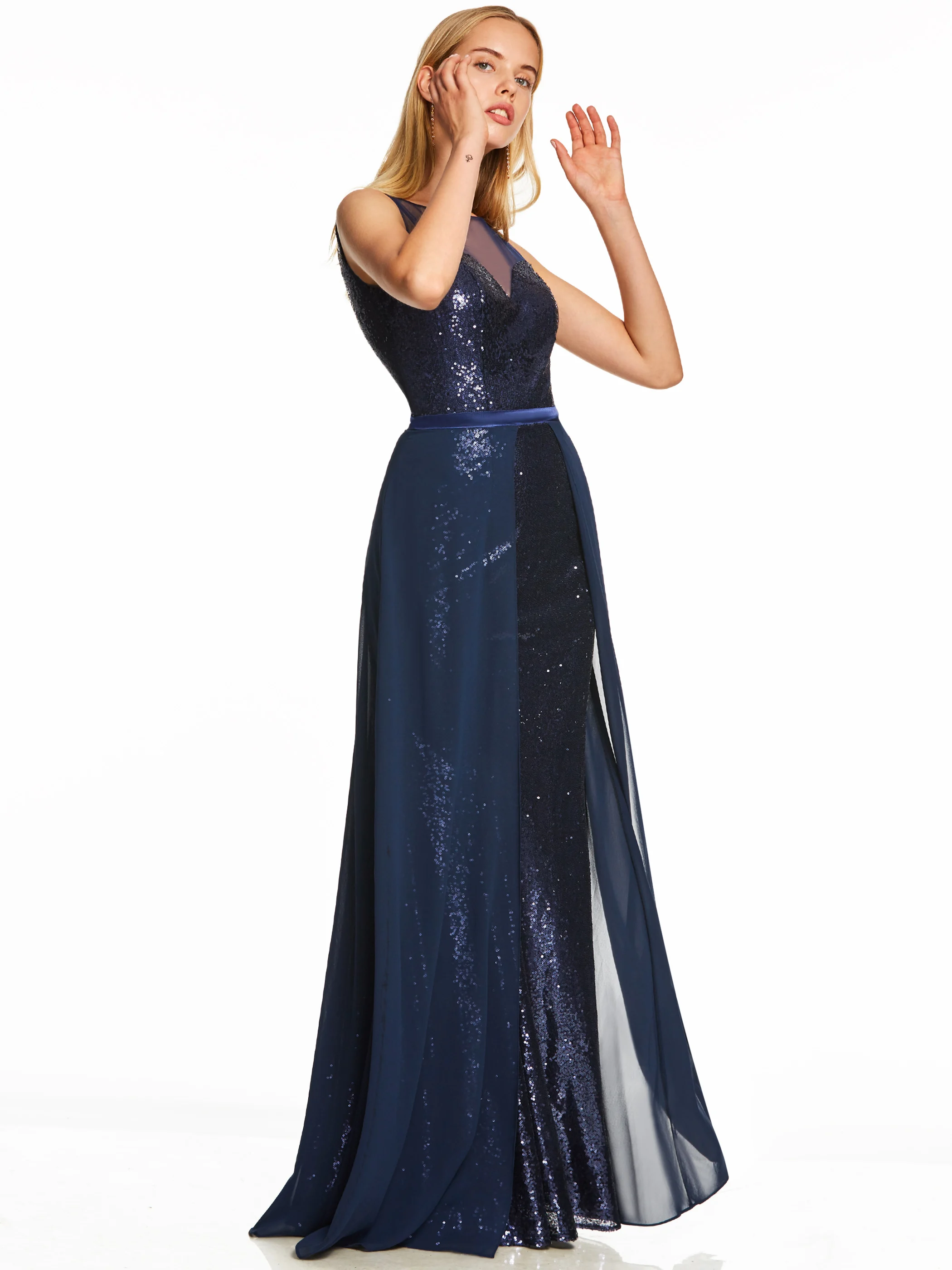 

Sequins Blue Evening Dress Women Elegant Lace Scoop Neck Sleeveless A Line Party Long Dresses Sexy Formal Gown Robe De Soiree
