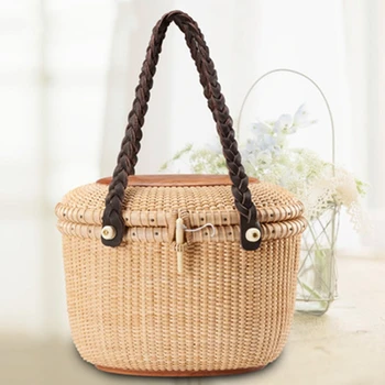 

Hand-Woven Basket, Willow Picnic Basket - Shopping Basket Leather Handle/Natural Materials, Handmade