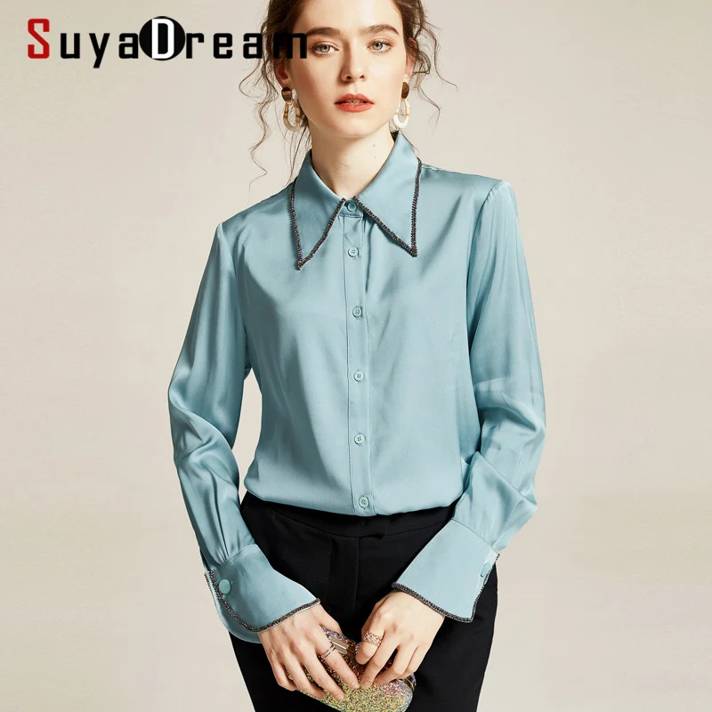 Блузка SuyaDream Женская шелковая 92% шелк 8% спандекс с длинными рукавами и отложным
