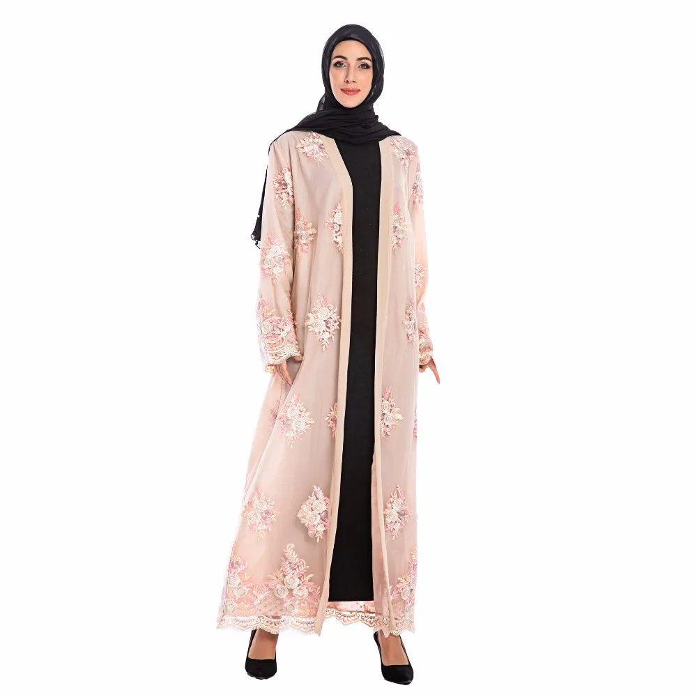 Элегантное платье в мусульманском с цветочной вышивкой abaya Макси платье длинный рукав рубашки длинные халаты кимоно Jubah Рамазан арабских aftan Исламская, молитвенная