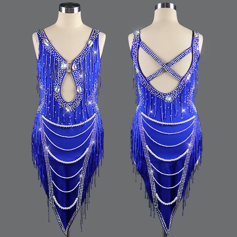 

High Grade Latin Dance Dress Rhinestone Pearl Dress Fringe Outfits Stage Wear Perform Clothing Competition Latin Dress BL2536