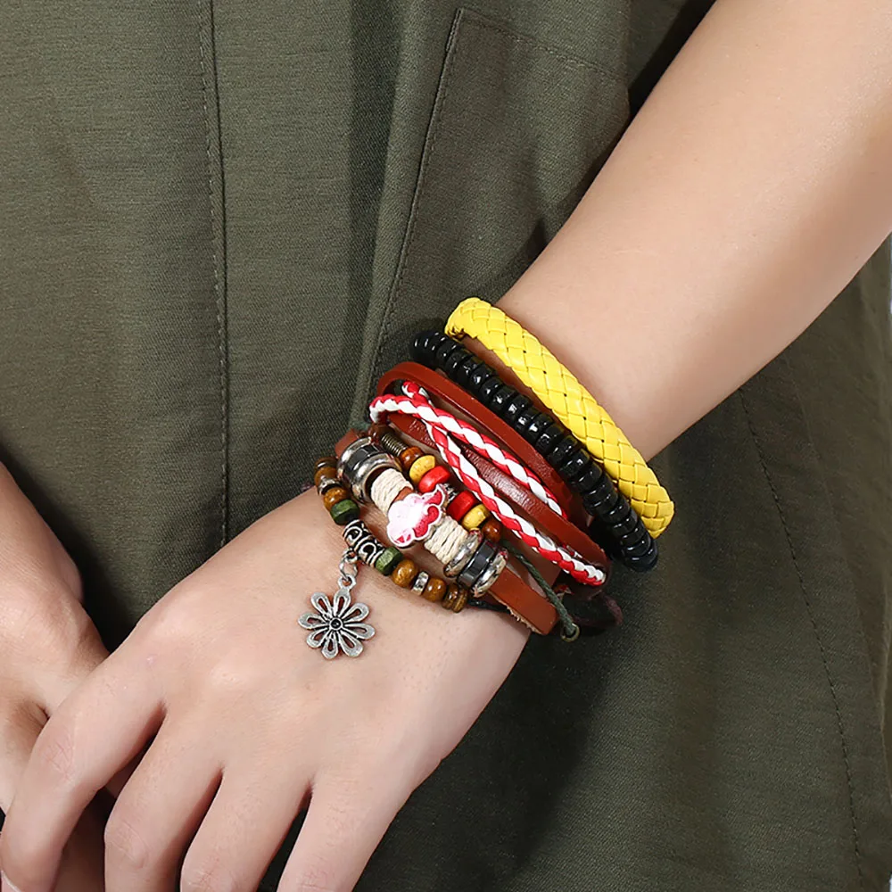 

Creative pendant beaded bracelet Men and women wild DIY hand rope Vintage retractable bangle set commemorative gift 4 pcs