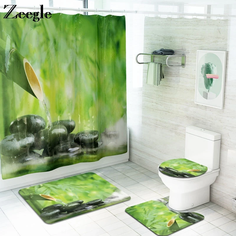Zeegle Bath Mat Set Toilet Shower Curtain Decoration Toilet Cover Seat Mat Anti-slip Bathroom Rug Absorption Toilet Pedestal Rug