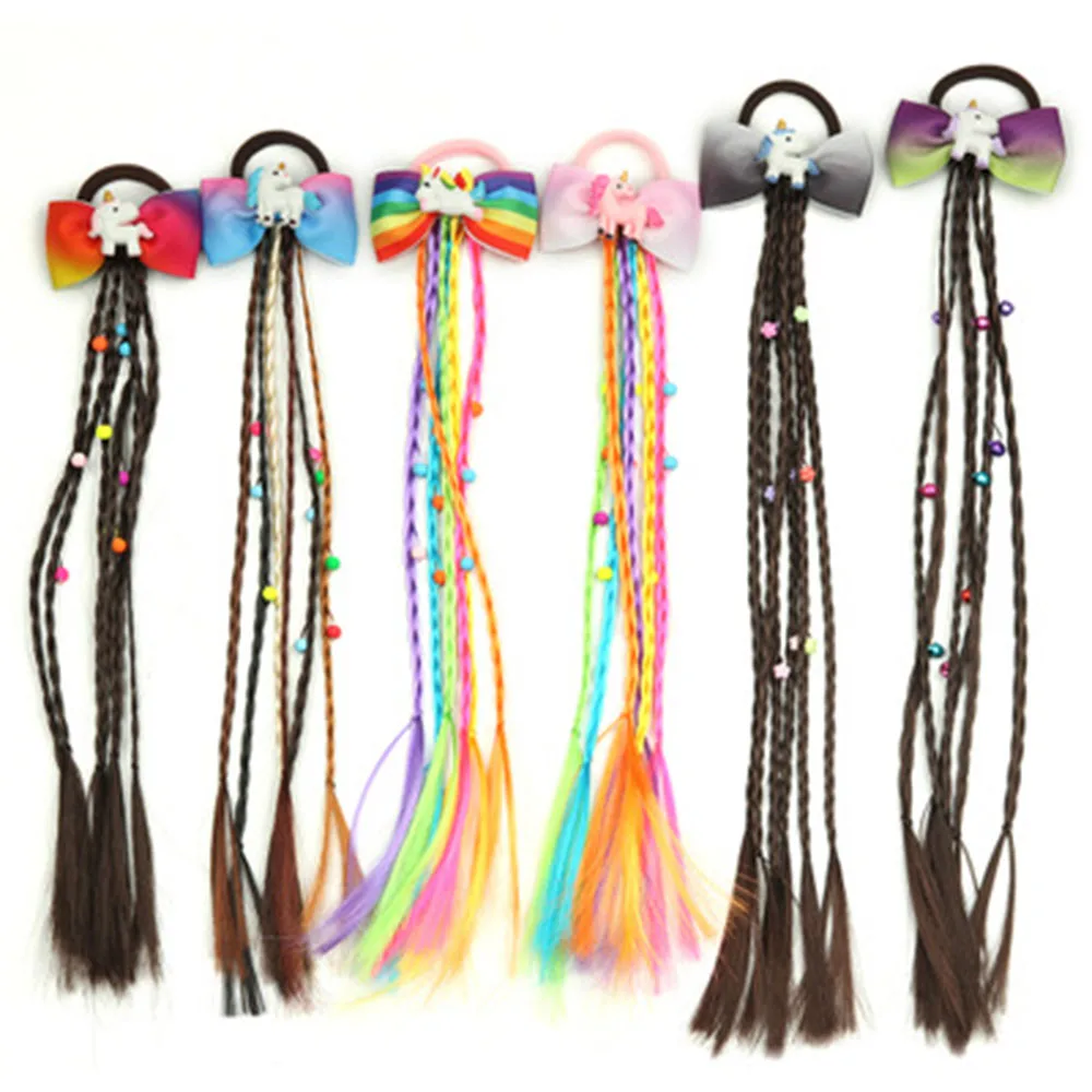 

1Pcs Children Wig Elastic Hair Bands Unicorn Rainbow Bows Design Girls Braids Hair Tie Kids Lovely Rubber Band Hair Accessories