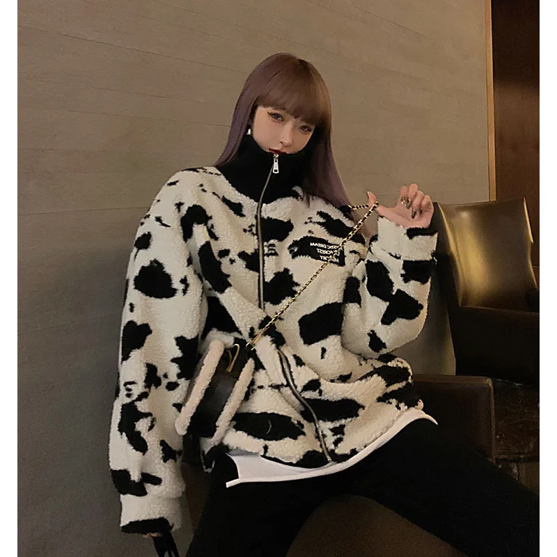 

Cow Pattern Oversized Jacket for Women Hip Hop Winter Padded Coat Patchwork Parka Fleece Warm Outwear Windbreaker Streetwear
