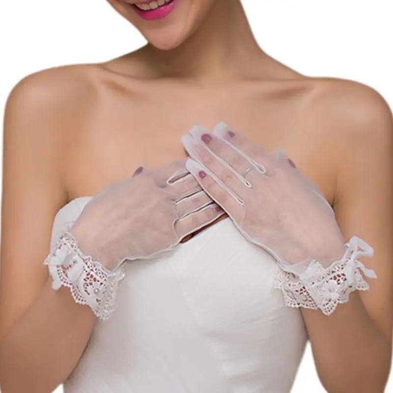 Женские Свадебные Короткие сетчатые перчатки с оборками, кружевные стразы, бантик, манжета на запястье, свадебные варежки, праздничный костюм