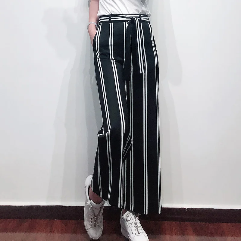

Patads French fashion casual pants spring and summer lace up versatile loose nine point wide leg pants women's wear e19pomala