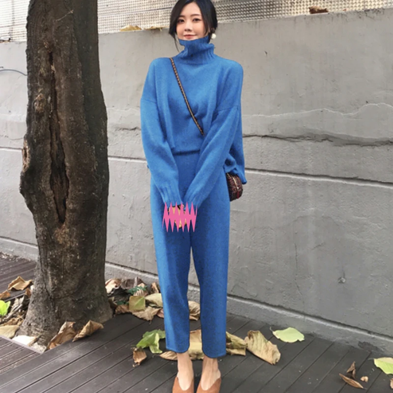 Blue Комплект из 2 предметов, Женский вязаный костюм, зимний осенний спортивный костюм, свитер с высоким воротом, вязаные штаны, женские свободные костюмы, женские брюки, костюм - Цвет: Blue