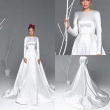 Деревенские атласные свадебные платья скромные свадебные платья с длинными рукавами и пуговицами сзади Плюс Размер свадебное платье
