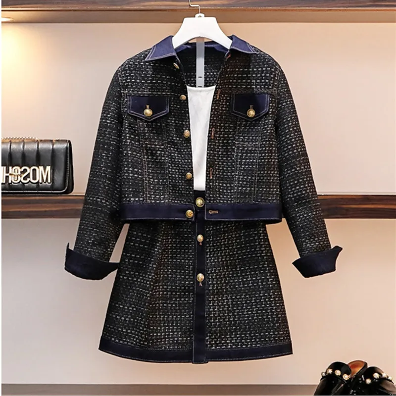 

Socialite Small Xiangfeng Suit Thick Tweed Coat Half Body Skirt Is Thin Two-piece Set Big Code Women's Wear Fat Mm