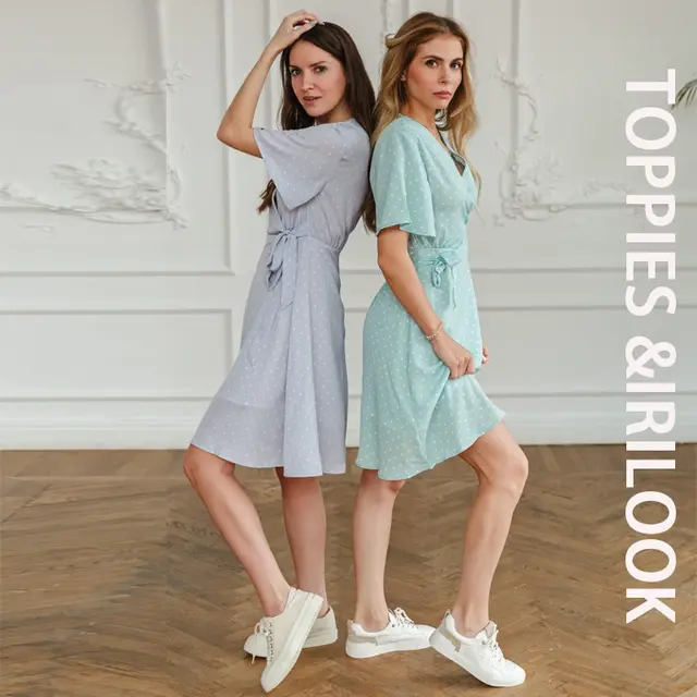 Toppies Summer Short Sleeve Shirts Dress Polka Dot Printing Dress Woman v-neck Lace Up Belt vestido 2021 1