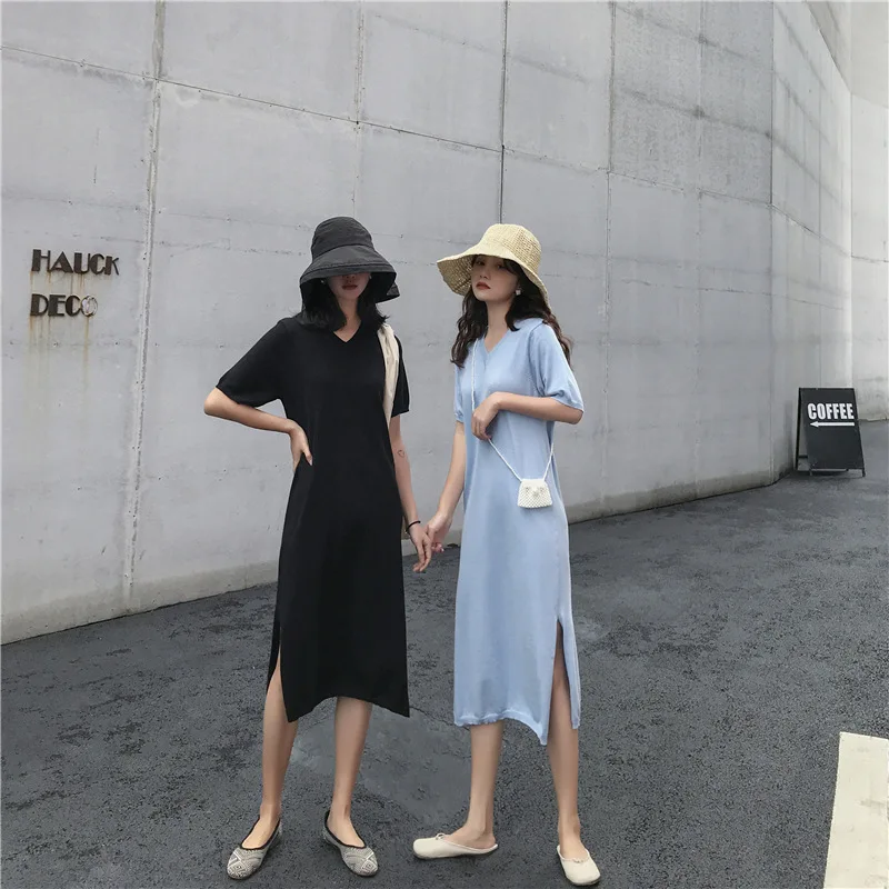 

Summer CHIC Loose Straight Short-sleeve Dress Women's V-neck Mid-length