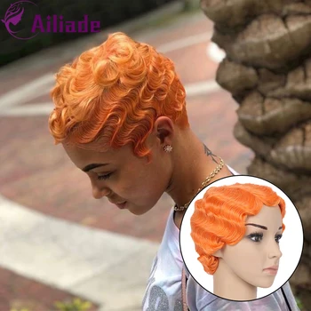 

AILIADE Short Synthetic Hair Wigs For Women Finger Wave Wig Pixie Wavy Bob Wigs Fashion Easy to Match Purple Pink Orange