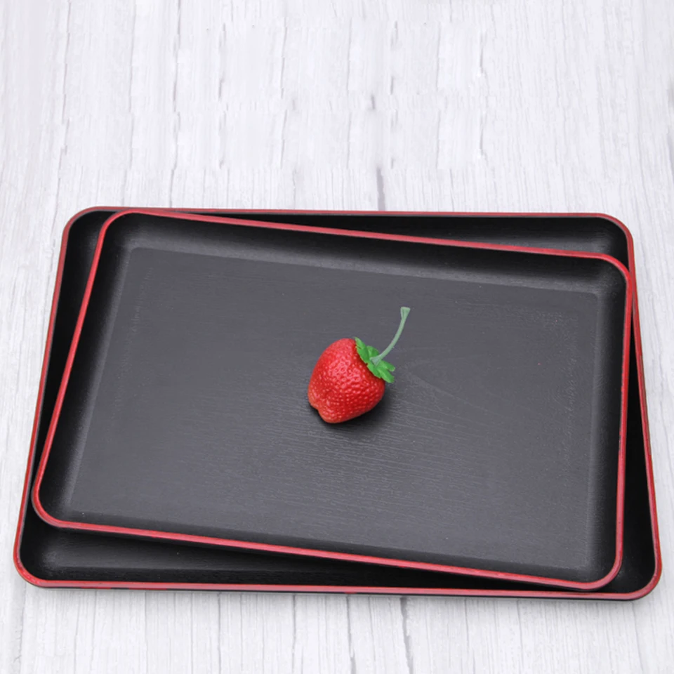 Japanese Tray Sushi Plate Melamine Imitation Porcelain Dinner Plate Rectangular Black Red Edge Hotel Guest Room Storage Tray 3