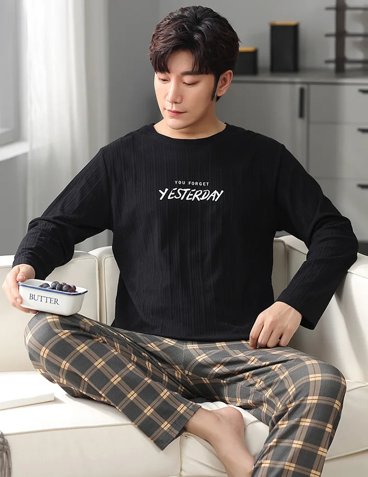 New spring and autumn men's pajamas two-piece pajamas knitted cotton casual loose boys home clothes fashion men's clothing best mens pajamas