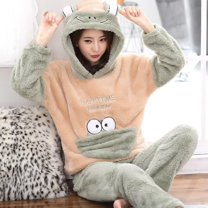 Flannel Cartoon Frog Hooded Ladies Pajamas Set Comfortable Warm Winter Home Clothes Lively and Lovely Girl Style