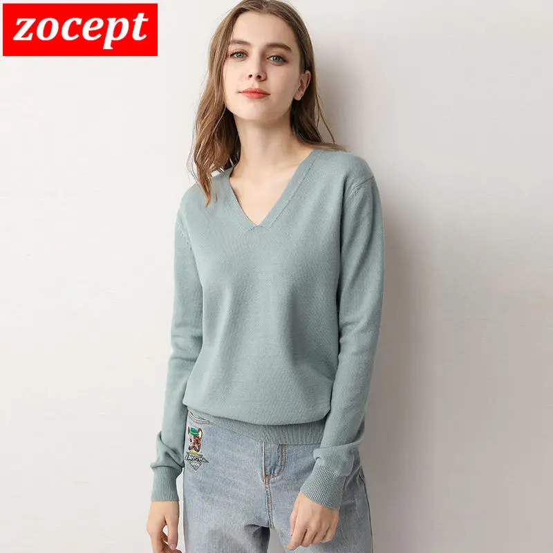 

Fashion Women's Clothing Knitwear Female V-Neck Solid Jumpers Long Sleeve Knitted Sweater Ladies Soft Pullovers Free Shipping