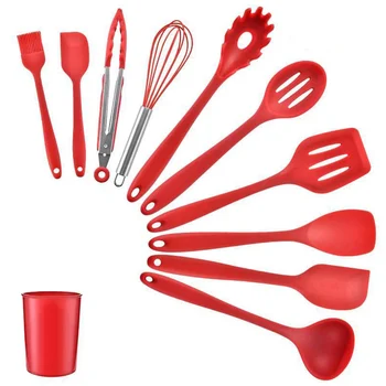 

Economical Silicone Kitchen Utensil Set 11Pcs Non-stick Spoons Spatula Whisk Tongs Cooking Tools with Storage Holder ds9