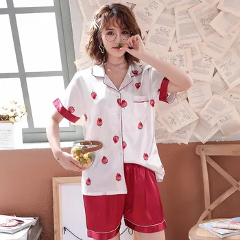 

Women Pajamas 2PCS Sets Satin Nightwear Sleepwear Strawberry Lounge Causal Comfortable Shorts New Style Fashion Red Green