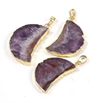 

BOROSA 3Pcs Moon Purple Crystal Necklace Charms 18'' Gold Natural Amethysts Slice Druzy Pendants Necklace Jewelry for Men&Women