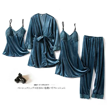 

Thick Women Velvet Sleepwear Kimono Robe 4pcs Sleep Set Negligee Home Clothing Long Sleeve Casual Nightwear Autumn Homewear