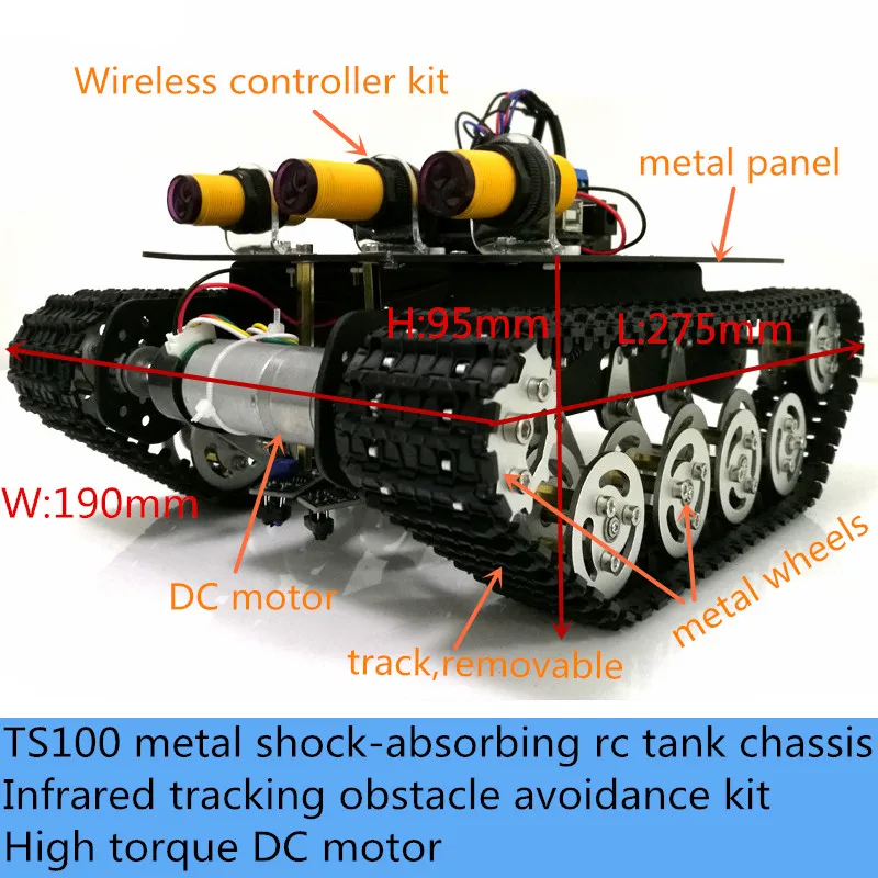 

Wireless Control TS100 Metal Shock-Absorbing RC Tank Chassis Kit Infrared Tracking Obstacle Avoidance Robot DIY For Arduino