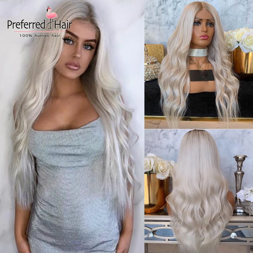 Preferred Platinum Blonde Lace Front Wig Glueless Remy Brazilian Ombre Human Hair Preplucked Transparent Wigs For Women | Шиньоны и