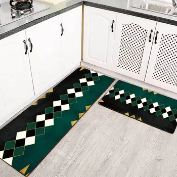 

-Style Modern Scandinavian Minimalist Rhombus Geometry Green Kitchen Mat Combination into Mat Bedroom Strip Anti-slip Bedside Bl