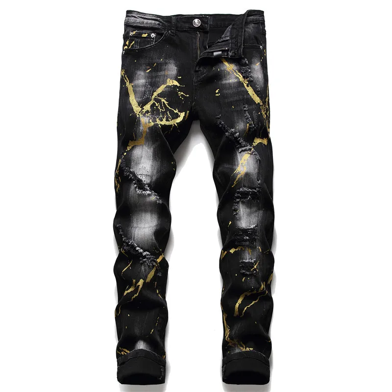 Otoño Invierno nuevo andrajosos Slim de los hombres PP lavado, rasgado Jeans negro pintura Splash estiramiento apretado de moda de hombre Pantalones