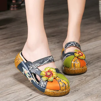 

2020 Summer Women Shoes Flat Platform Slipper Genuine Leather Handmade Flower Cover Toes Comfotable Women Slides