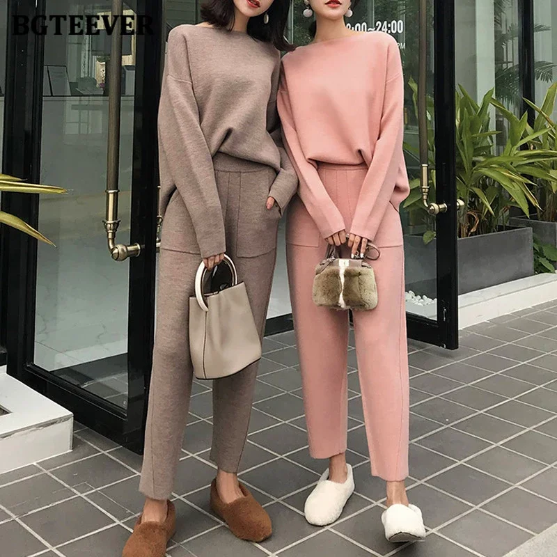 

Hot Knitted 2 Pieces Set Tracksuits Women Autumn Winter Thick Warm O-Neck Loose Sweater+Ankle-Length Pants Warm Cashmere Suits