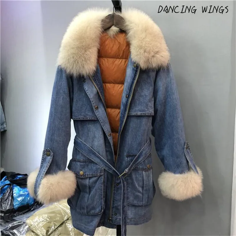 

2019 New Fashion Real Fox Fur Collar Coat Women Winter Jacket Detachable Duck Down Liner Denim Jacket Natural Fur Coat