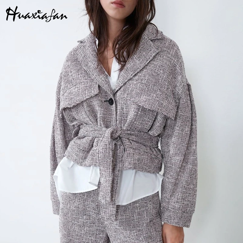 Huaxiafan куртки, клетчатое пальто для женщин, осень, длинный рукав, пояс, карман, кнопка, Женская Повседневная офисная одежда, куртка, пальто, модная новинка