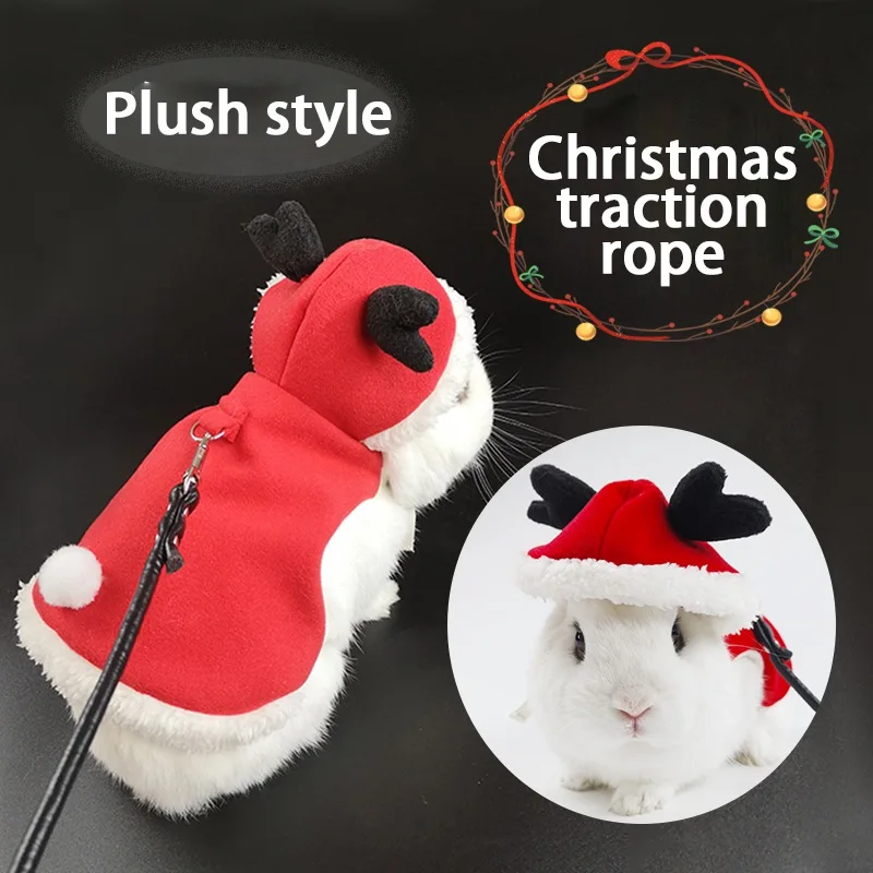 Winter Warm Christmas Elk Pet Rabbit Cloak Clothes Harness Leash Set For Ferret Bunny Hamster Small Animal Costumes | Дом и сад