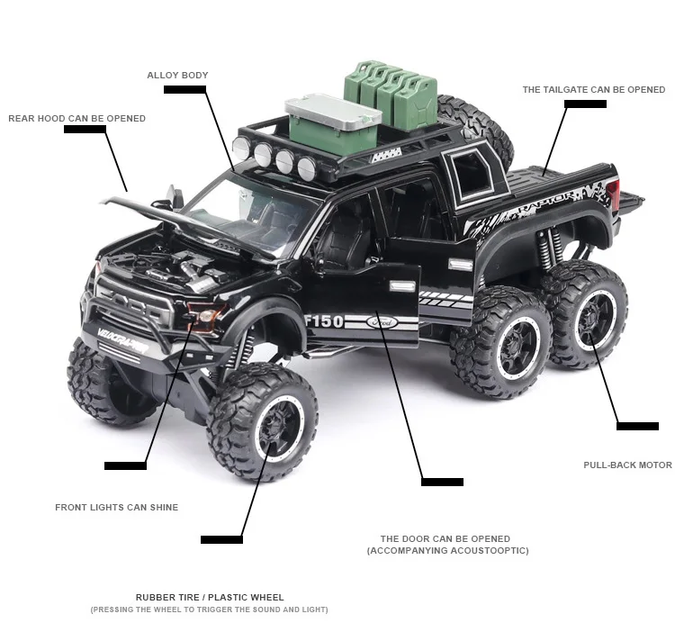 1:28 масштаб Горячая 6x колеса Ford F-150 Raptor металлическая модель с светильник и звуком пикапа литая машина игрушка с багажником