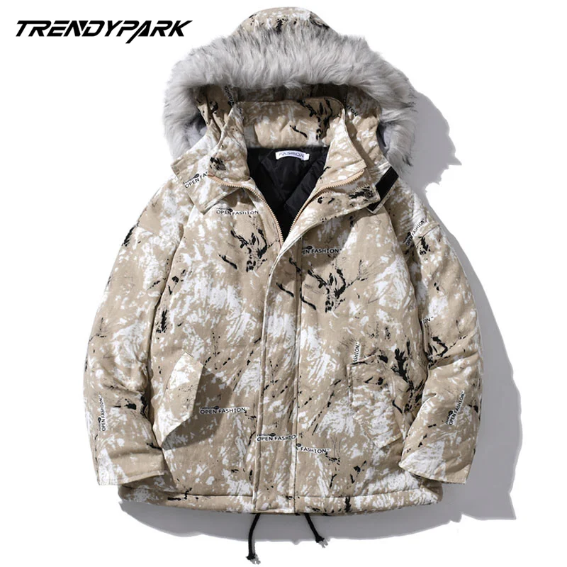 

Mens Camouflage Winter Warm Jackets Hooded with Faux Fur Thick Coat Vintage Jacket Streetwear Casual 2020 Fashion Men Clothing