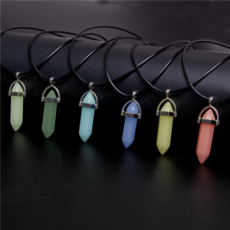 Luminous Stone Necklace Hexagonal Column Pendant Necklace Men Women Natural Chalcedony Bullet Choker Glow in Dark Jewelry Gift