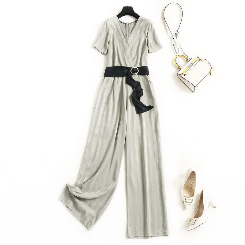 

Women summer jumpsuit new 2020 short sleeve striped pearls beading buckle black belt romper elegant V-neck overalls green gray
