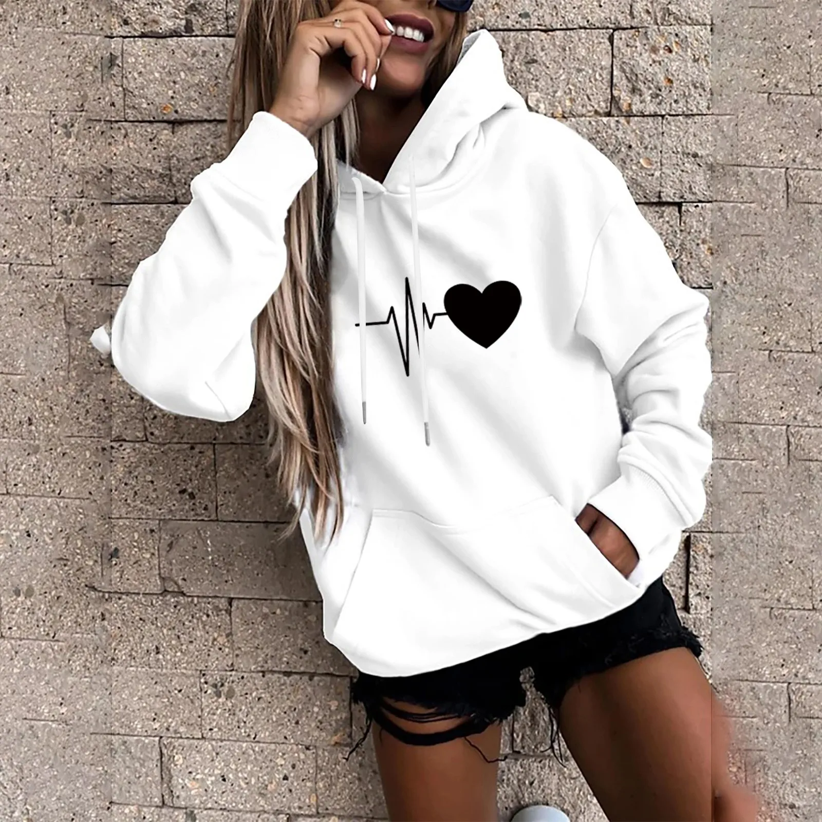 Women's Fashion Casual Fun Print Hooded Sweatshirt Loose Sports Tops Pullover Wram Long Sleeve Kawaii Clothes Hip Hop Hooded 1
