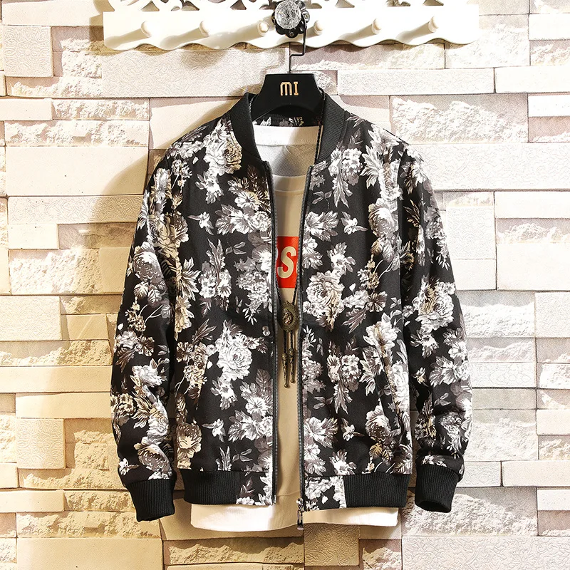 

Spring Autumn Men Jackets Floral Print Bomber Jacket Fashion Hip Hop Men Coats Zipper Outwear For Male
