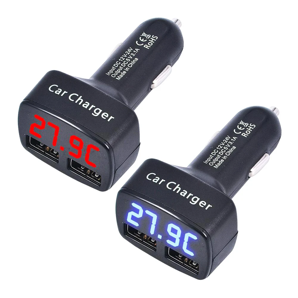 1 шт. Зарядное устройство для автомобиля с двумя USB портами измерение температуры