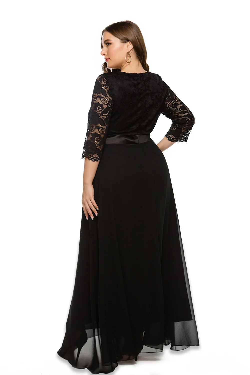 Dresses For Women 2021 Elegant  Dress  Plus Size Hollow Lace Chiffon Stitching Round Neck Three-Quarter Sleeves High Waist Dress