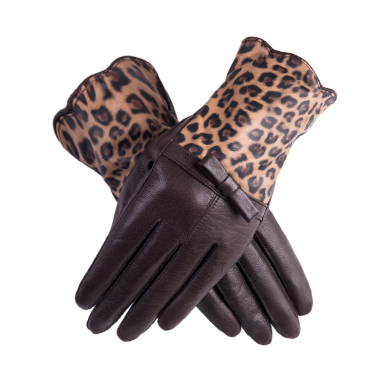 Натуральная кожа, леопардовые Лоскутные перчатки, зимние теплые перчатки для вождения, овчина, уплотненные велосипедные варежки, сенсорный экран, полный палец