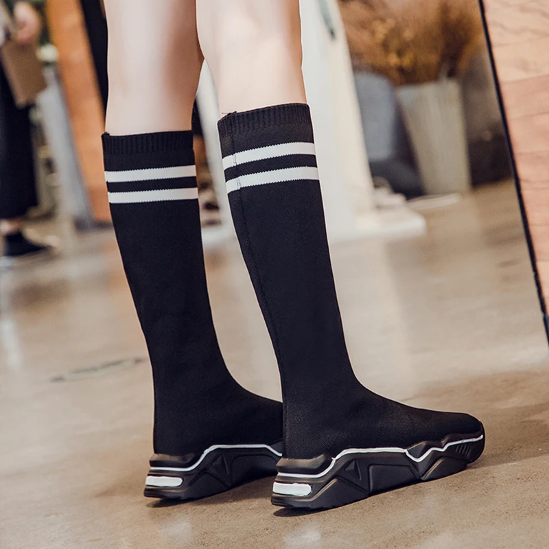 

Fashion Sock Boots Flat Heels Boots 2019 New Fall Boots Women Over The Knee Boots Slip On Black Boots Brand High Platform Boots